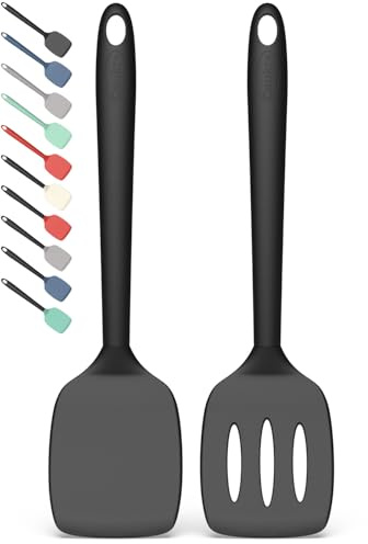 Coukre 2 Pack Silicone Spatula Set, High Heat Resistant, BPA Free Kitchen Spatula, Solid & Slotted Turner for Non-Stick Pans, Sautéing, and Flipping (2, PureBlack)