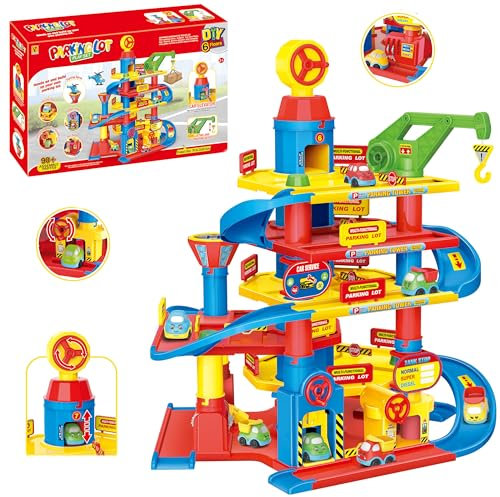 COIL Aparcamiento para niños con túnel de lavado de coches, grúa y ascensor, juego de garaje robusto para niños a partir de 3 años, juguete interactivo con gasolinera, gran garaje de juegos creativo