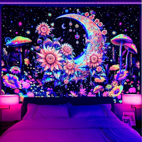 Invoibler Schwarzlicht-UV-reaktives Mond-Mandala-Blumen-Pflanzen-Pilz-Boho-Wandbehang für Schlafzimmer (180 x 235 cm)