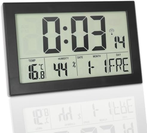 Crosstime Wanduhr Digital Funk mit Temperatur Luftfeuchtigkeit Wochentag, Digital Funkuhr Wand Hintergrundbeleuchtung Batteriebetrieben, Schwarz, 20,1 x 12,4cm