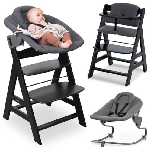 hauck Alpha+ Newborn Set mit Premium Bouncer Dark Grey - Baby Holz Hochstuhl ab Geburt mit Liegefunktion - extra flacher Aufsatz für Neugeborene & Baumwoll Sitzpolster - Schwarz