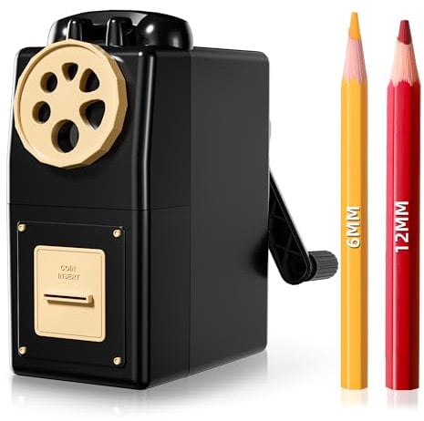 ZMOL Manual Hand Crank Pencil Sharpener for Color Pencil 6 Sizes for 6-12mm Colored Pencils 5 Adjustable Tip Settings Large Shavings Box Home/Office/School (Black)