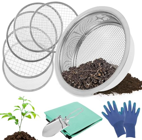 GWCYMYD 5 in 1 Gartensieb Rund 24cm mit 5 Auswechselbaren Sieben Kompostsieb Edelstahl Maschendurchmesser 3 6 9 10 12mm Rostfrei Durchwurfsieb Rund für Kies Flusssand Unkraut Katzenstreu Samen