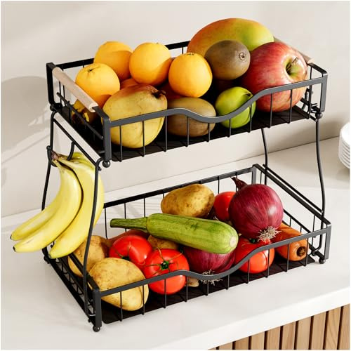 THKVESN 2 Tier Fruit Bowl with Banana Hanger,Detachable Fruit Basket for Kitchen Countertop,Metal Vegetable Storage Rack with Wooden Handles,Fruit Stand for Fruits Vegetables Bread Snacks, Black
