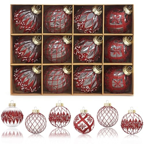 Dremisland 12 Stück Rot Weihnachtskugeln 80mm Christbaumkugeln Bruchsicher Christbaumschmuck Christbaumkugeln Weihnachtsbaumkugeln Glitzer Kugeln Weihnachten Deko für Weihnachtsbaum Deko