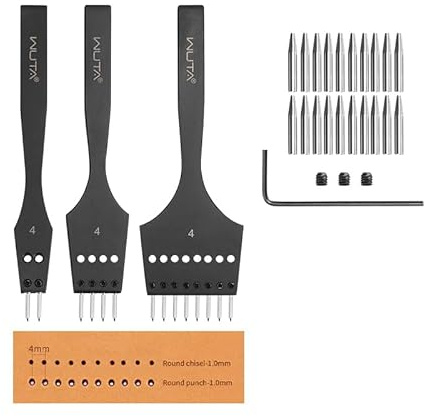 WUTA 3rd Gen Professional Leather Punch Tools, Removable Lacing Stitching Chisel Round Hole Kit for Leather Craft, DIY Belts, Bags, Wallets & Saddlery-4mm(2+4+8) Hole