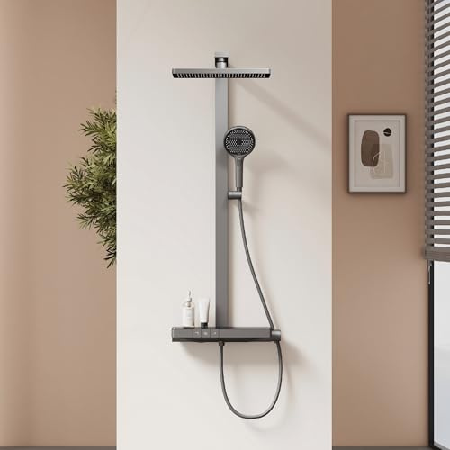 EMKE Duschsystem mit Thermostat, 360 x 240 mm Regendusche Set, Anthrazit Matt