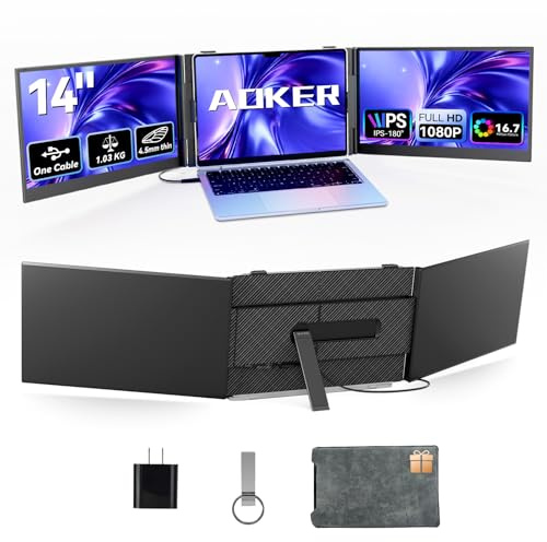 AOKER One Cable Connection Triple Laptop Screen Extender - Ultra Thin 14 Monitor IPS FHD 1080P Lightweight Portable Display for 13-17 Laptops Compatible with Windows Mac Chrome Travel Work Setup
