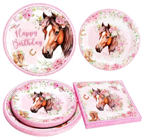 JYYWTSI Lot de 60 pièces de vaisselle de fête d'anniversaire motif cheval sauvage, fleurs avec assiettes, serviettes et cœur macaron, ballon, décoration de gâteau pour anniversaire, fête et fête