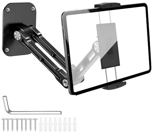 EEEKit Tablet Wall Mount: iPad Wall Holder with Extendable Aluminum Arm | Sturdy Metal Base - 360° Adjustable - Fits 4.7 -12.9 Phones and Tablets - Ideal for Home Office Gym Warehouse