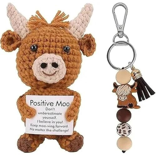 AYZDJ 2-Pack Porte-clés Vache des Highlands Positive pour Femmes – Cadeaux animaux au crochet fait à la main, Set de porte-clés vache de soutien émotionnel pour meilleure amie & cadeaux longue distanc