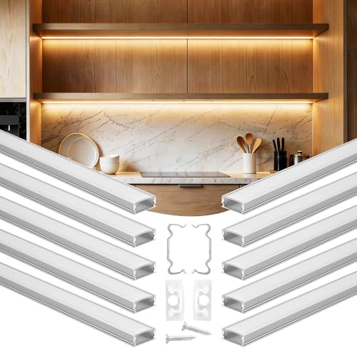 VEVOR Profilé Aluminium LED en U 2 m Lot de 10 Canal LED pour Éclairage sous Meuble Ruban Lumineux Cuisine, avec Diffuseur en PC Blanc Laiteux, Embouts et Clips de Fixation, Aluminium Anodisé Argent