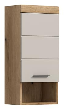 furnling Hängeschrank Scott, Matte Kaschmir Front, 1 offenes Fach, 1 Tür, 2 Fächer, Badschrank mit verstellbarem Einlegeboden, Breite 37 cm, Korpus Evoak Oak