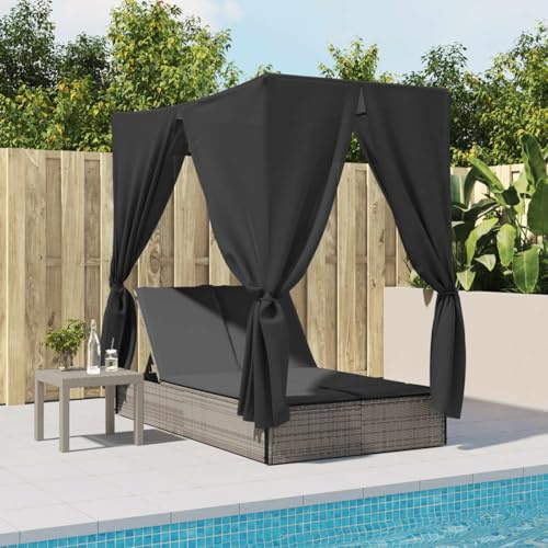 ATOMSTACK MAKER HOMELEN Doppel-Sonnenliege mit Dach & Vorhängen – Grau, 200x114x196 cm, 4-Fach verstellbare Rückenlehne, UV-beständig, witterungsbeständig – für Garten, Terrasse, Poolbereich