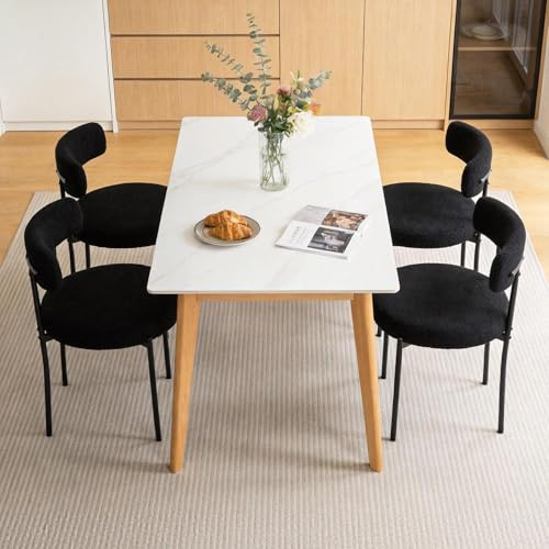 Fanerody Mid-Century Modern Teddy Fleece Esszimmerstühle 4er Set mit gebogener Rückenlehne, Metallbeinen, Schminktisch-Stuhl, Gepolsterte Küchenstühle für Esszimmer, Restaurant, Schwarz
