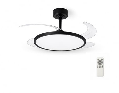 Masterled - Ventilador de Techo LED Negro con Aspas Retráctiles 36W Ultrafino, Motor DC Silencioso 26dB, 3CCT: 3000-4000-6000K, 6 Velocidades, Función verano e invierno, Mando a distancia