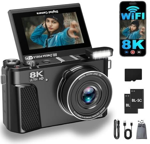 8K Digital Camera with 64GB Card, 88MP WiFi Vlogging Camera