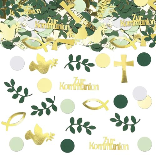 GoldRock 100 Stück Tischdeko Kommunion Deko Konfetti, Deko Kommunion Junge Mädchen,Streudeko Konfirmation Gold Grün,Erstkommunion Deko,Taufe Streudeko Kreuz Fische Firmung Konfetti,Taufdeko Eukalyptus