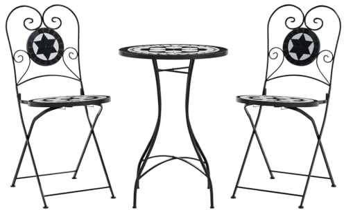 XHNIFBN Mosaik-Bistro-Set 3-teilig für Garten und Balkon, Gartensitzgruppe mit 50cm Mosaiktisch und 2 Klappstühlen, robuste Eisen-Konstruktion mit Keramikplatte, Mediterraner Stil, Schwarz und Weiß