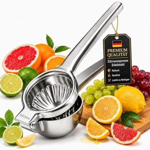 Hohe Qualität Zitronenpresse Edelstahl, Limettenpresse - Perfekt Zitruspresse Manuelle, 100% Einpresstechnik, Maximale Frische und Geschmack, Spülmaschinenfest, Perfekt für Alle Zitrusfrüchte