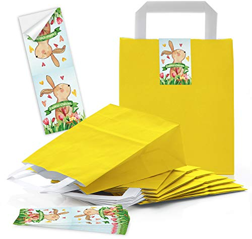 Logbuch-Verlag 10 Frohe Ostern Papiertüten gelb mit Osteraufkleber Osterhase bunt - Ostergeschenk verpacken 18 x 8 x 22 cm