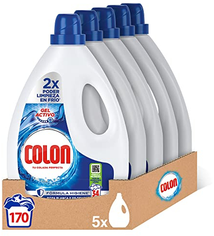 Colon Gel Activo - Detergente para lavadora líquido, fórmula higiene, adecuado para ropa blanca y de color, formato gel - pack de 5, hasta 170 dosis