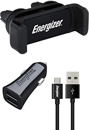 Energizer CKITB2CMC3 Car Kit: 360° Clip Holder + Charger with Micro USB Cable - 2 USB - 3, 4A - Cigarette Lighter Socket - Quick Charge and Synchronisation - Black