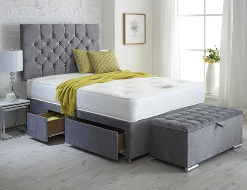 ComfoRest - Stylish 4FT6 Double Bed with Mattress Included | Ottoman Storage Box and Practical Set | Elegant Frame with 2 Drawers for Modern Bedrooms (Silver Naples)