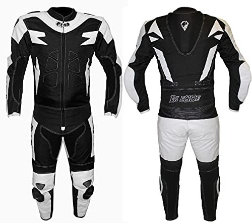 BI ESSE Tuta da MOTO per adulto in pelle e tessuto, divisibile in 2 pezzi giacca e pantalone, regolabile, completa di protezioni CE (Bianco/Nero, XS)