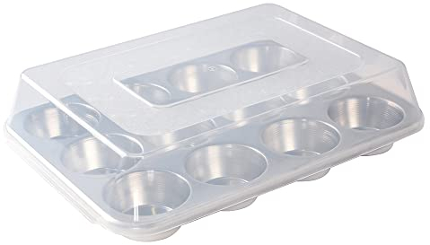 Nordic Ware Naturals 12 Cavity Muffin Pan with High-Domed Lid, Cupcake Tray with Superior Heat Conductivity, Premium Bakeware, Made in the USA, Silver