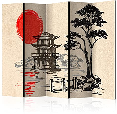 murando Raumteiler Foto Paravent japanische Landschaft 225x172 cm beidseitig auf Vlies-Leinwand Bedruckt Trennwand Spanische Wand Sichtschutz Raumtrenner Natur Ornament Tempel