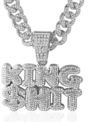 Halukakah ● KING $HIT ● Goldkette für Herren Platin Weißgold-Finish Iced Out Anhänger Halskette,Volle Cz-Labordiamanten Zinken-Set,14mm Kubanische Gliederkette 45cm,Kostenlose Geschenkbox
