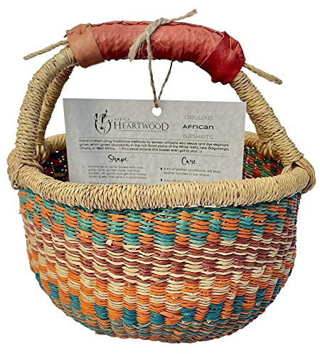 Africa Heartwood Project - Luxuriöser bunter afrikanischer Korb mit Ledergriffen, handgefertigt aus getrocknetem Elefantengras, handgewebt von Frauen in Bolgatanga, Ghana, klein, 25,4 cm, rund (flach