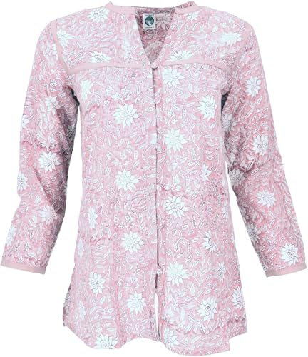 Handbedruckte Bohobluse, luftige Baumwolltunika, Damen, rostrot/beige | 100% Baumwolle, langärmlige Bluse, normaler Schnitt, Blockdruck, feminine Passform, angenehm leicht
