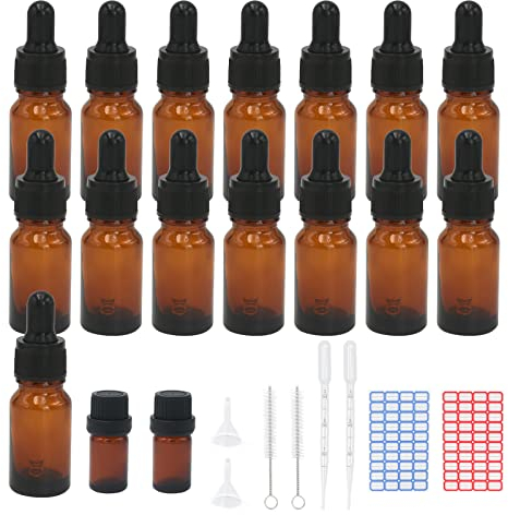 Reyshin 10ml Glass Dropper Bottles, 15 Pack Amber Glass Bottle with Dropper Pipettes Refillable Sample Dropper Bottle for Essential Oil Massage Aromatherapy Eye Drops (10ml amber)