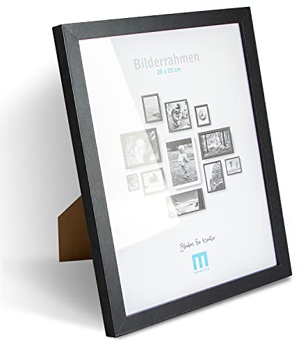 Zeitlos, moderner Bilderrahmen aus MDF, schwarz für 20x25 cm kleine Fotos und Bilder. Inkl. Acrylglasschutz. Er eignet sich als Tisch-Aufsteller und für die Wand, im Hochformat oder Querformat.