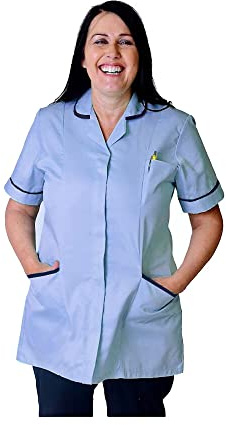Skywear T66 Ladies Tunic Tops - Women's Healthcare & Beauty Tunics for Women UK | Work Uniforms for Office, Salon, Nurse & Spa - Multicolor Short Sleeve Tops, Sky with Navy, 28