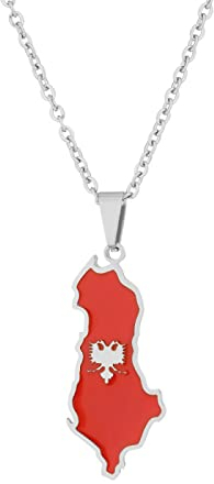 Albanien Karte Anhänger Halsketten - Ethnisches Muster Flagge Region Albanien Karten Pullover Kette Charm Hip Hop Trendy Schmuck für Damen Herren Schlüsselbeinketten Halsketten,Silber,50 cm