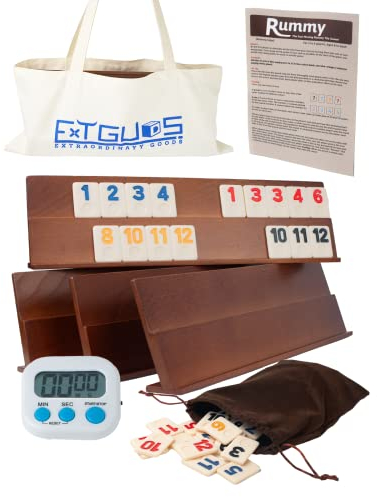 Extguds Deluxe Rummy Cube Game Set, 106 Tiles Classic Wooden Game, with 4 Handmade Wooden Racks, Portable Canvas Bag, Travel Set