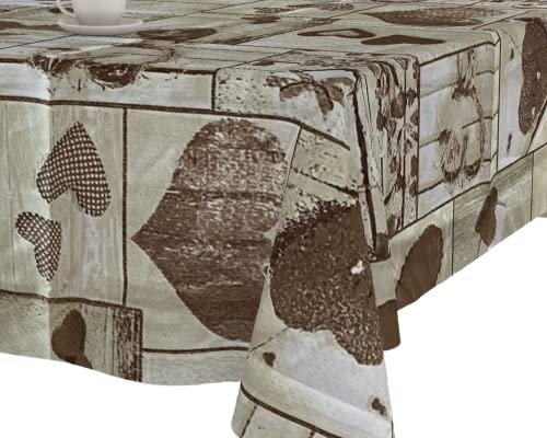 Generico VFG ITALY Tovaglia modello ROMA fantasia cuori amore rettangolare 6 posti NO STIRO tutti i giorni tavolo pranzo cucina soggiorno giardino buffet (140x180, Marrone-Beige)
