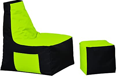 MB MILLINDABAG – Optimal Sitzsack mit Lehne & Hocker - für Kinder und Erwachsene – Sessel – Kissen – Indoor & Outdoor – Gaminggeignet & bereits gefüllt - Sitzkissen Bodenkissen (Schwarz - Kiwi)