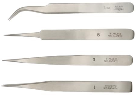 KD89 Assortiment de 4 Brucelles N°1 - N°3 - N°5 - N°7 - Pincettes de précision en Acier Inoxydable Anti-Magnétique