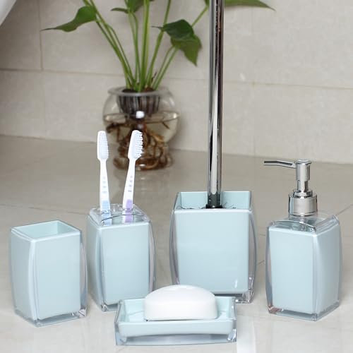Tuanyo Acrylic Bathroom Accessory Set, Lotion/Soap Dispenser, Soap Dish, Toothbrush Holder, Tumbler, Toilet Brush and Holder, Modern Bathroom Decor and Housewarming Gift Set, 5 Pieces, Blue