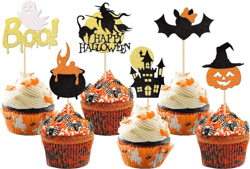 36 Stück Halloween Tortendeko Glitzer Fledermaus Hexe Katze Kürbis Schloss Kuchen Deko Boo Ghost Cupcake Toppers für Happy Halloween Thema Baby Dusche Geburtstag Party Kuchen Dekorationen