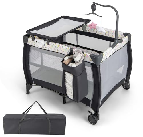 COSTWAY 3 en 1 Lit Parapluie Bébé avec Matelas & Table à Langer, Lit Bébé Evolutif avec Boîte à Musique & 3 Jouets Suspendus, Sac de Transport, Charge Max 15kg pour Bébé de 0-3 Ans