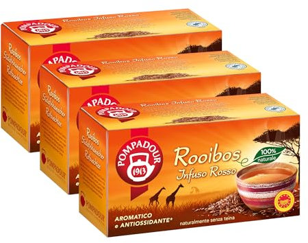 Pompadour, Infuso Rooibos, 60 Filtri (3 Confezioni da 20 Filtri), Aromatico e Distensivo, Certificato RFA, Senza Teina, 100% Naturale, Senza Lattosio, Glutine e Allergeni, Vegan