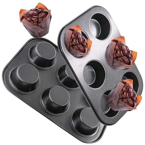 Eidoct 2 Pack Deep Sturdy Muffin Fairy Cake 6 Cup Non Stick Baking Tray Tin for Yorkshire Pudding Pies, Muffins, Yorkshire Puddings, Cupcakes, Brownies and More, Carbon Steel