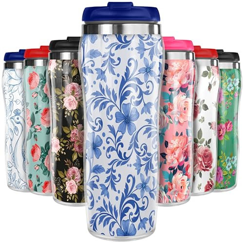 Pixly® Blue Flowers Thermal Travel Mug Coffee Tea Flask, 400ml/14oz Capacity, Flower, Floral Pattern - Azure Petal
