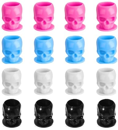 100PCS Large Tattoo Ink Cups with Base 4 Colors Skull Design Permanent Makup Microblading Tattoo Pigment Holder Caps Self-stand Tattooing Container Supplies
