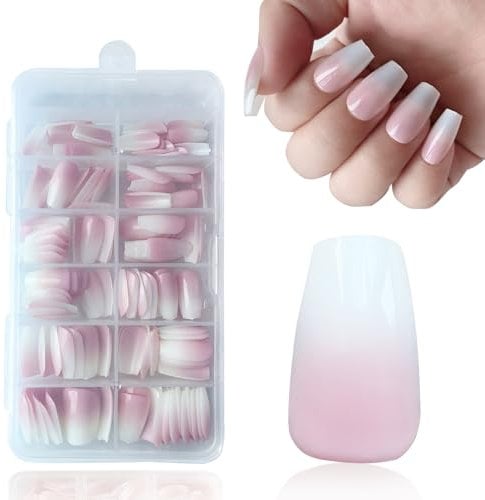 Faux Ongles Conseils - 168 Faux Ongles Français pour Le Collage, Blanc Rose Dégradé Design Faux Ongles Ballerina Nail Art Manucure pour Les Femmes (Dégradé Rose)